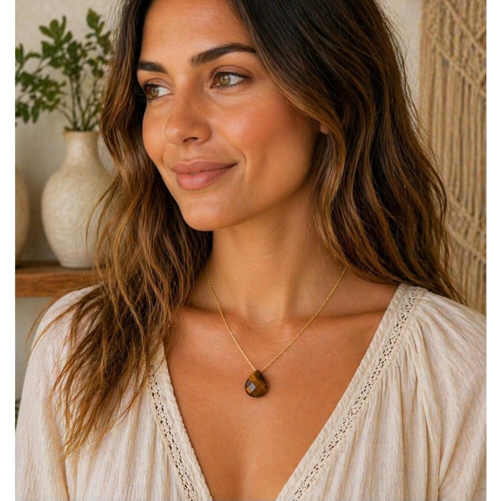 Stainless Steel Gold Semi Precious Brown Faceted Stone Necklace New